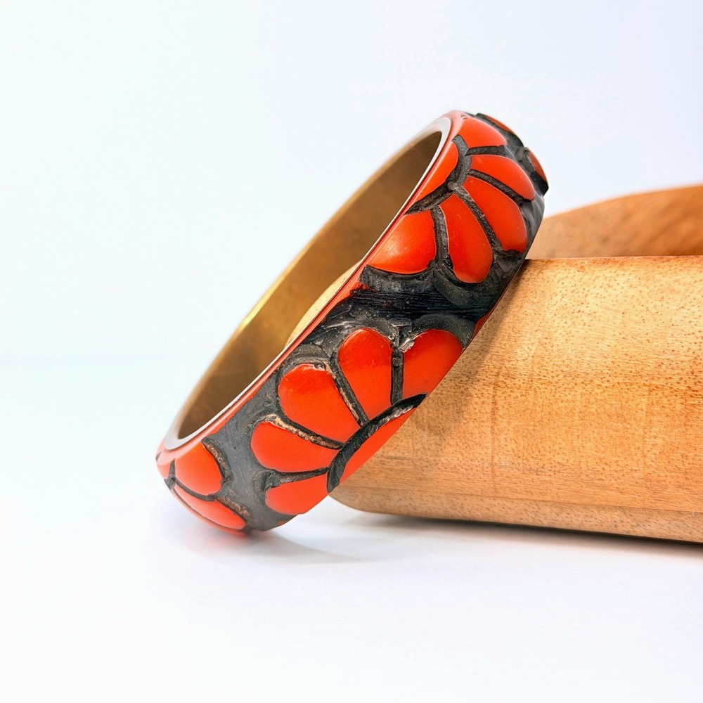 Sculptural Orange Bakelite Bangle Black Floral Carved Brass Lined Vintage